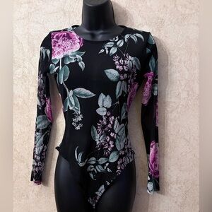 Charlotte Russe Sheer Floral Long Sleeve Bodysuit